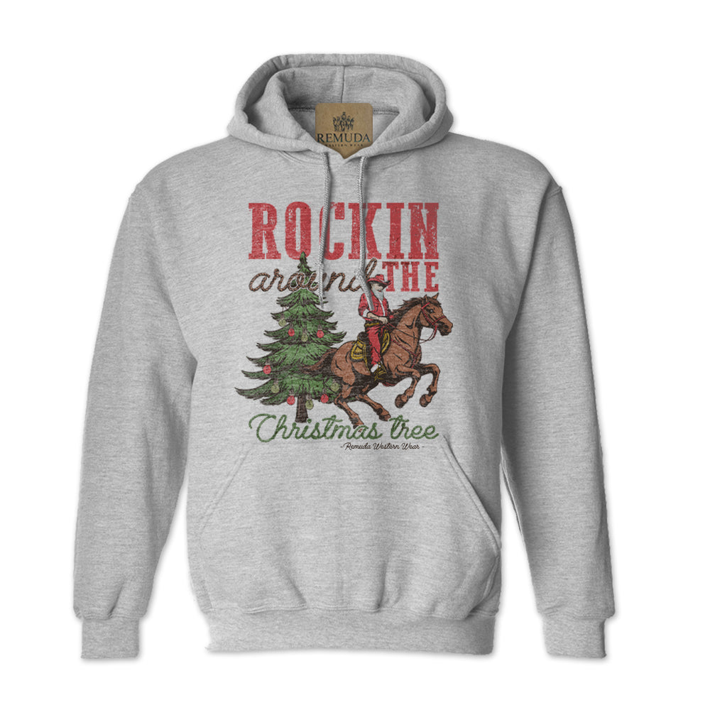 Rockin Around The Christmas Tree Adult Unisex Western Santa Pullover Hoodie in Sport Grey color.