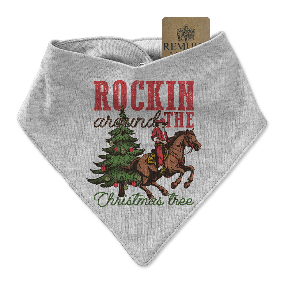 Rockin Around The Christmas Tree Infant Toddler Cowboy Santa Bandana Bib in Grey color