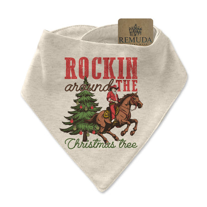 Rockin Around The Christmas Tree Infant Toddler Cowboy Santa Bandana Bib in Oatmeal color