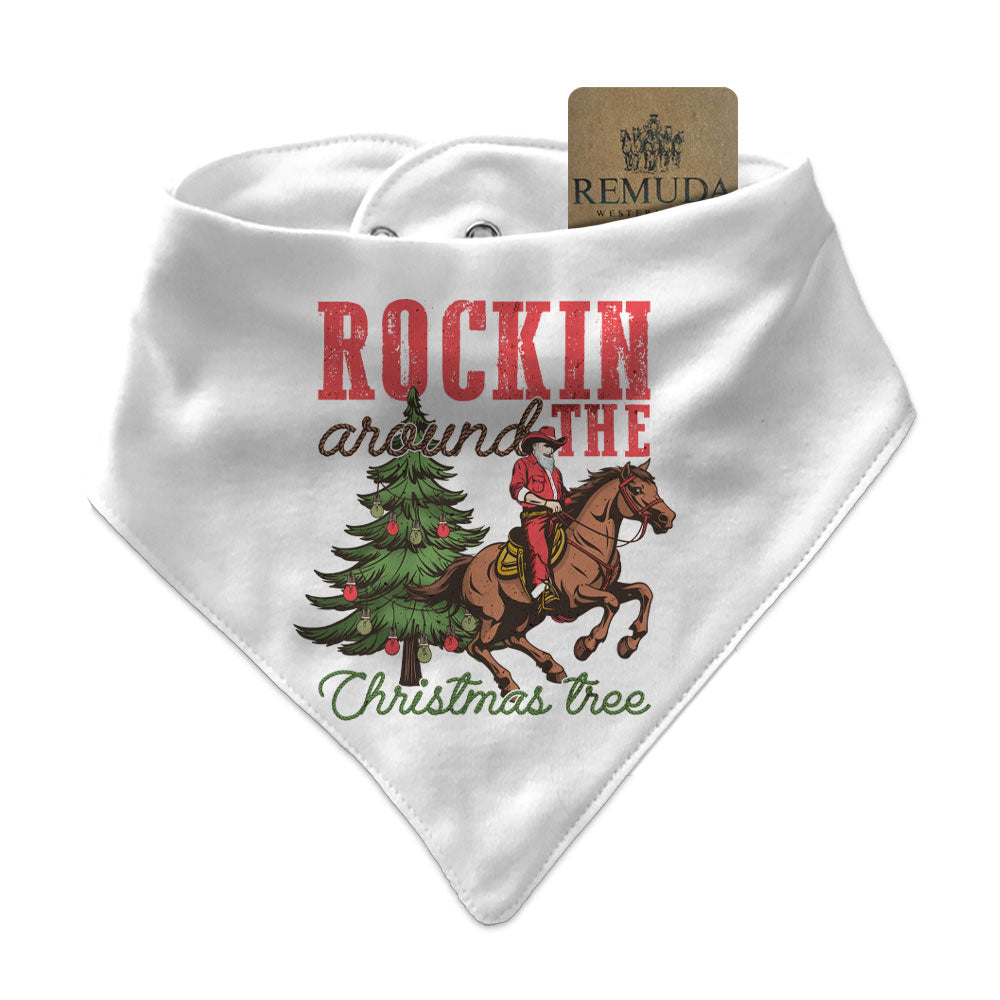 Rockin Around The Christmas Tree Infant Toddler Cowboy Santa Bandana Bib in White color