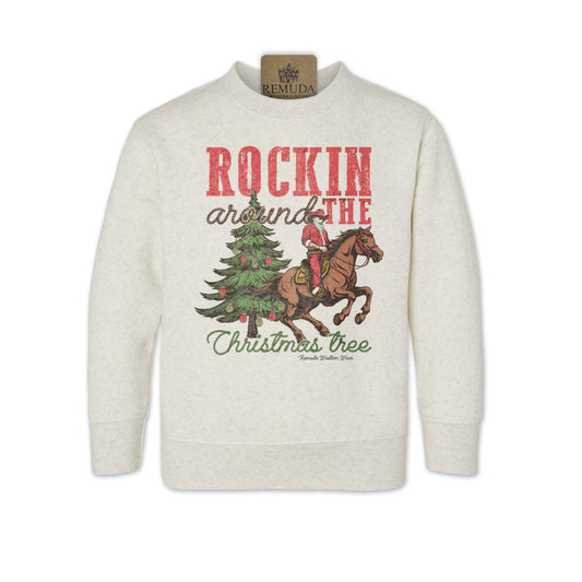 Remuda Western Wear Rockin Around The Christmas Tree Toddler Western Santa Sweatshirt in Oatmeal Color