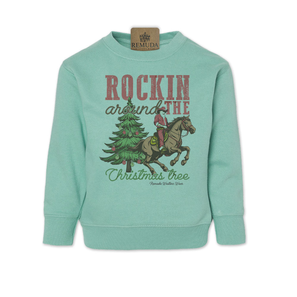 Remuda Western Wear Rockin Around The Christmas Tree Toddler Western Santa Sweatshirt in Turquoise Color