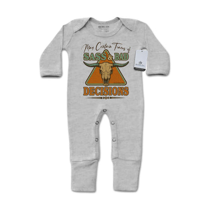 May Contain Traces of Sass & Bad Decisions Infant Western One-Piece Footed Pajamas W/Mittens Gray
