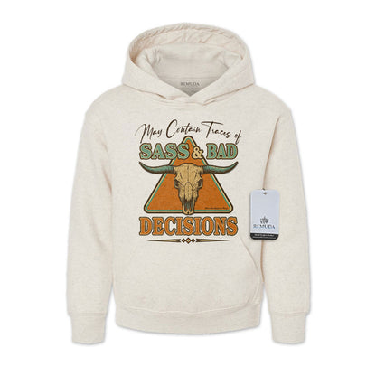 May Contain Traces of Sass & Bad Decisions Youth Western Pullover Hoodie Oatmeal