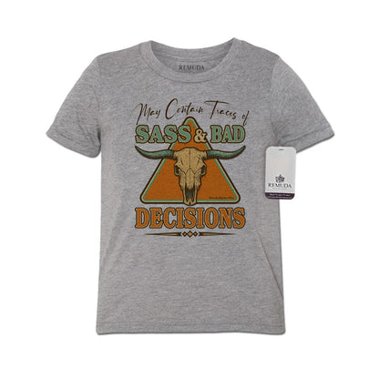 May Contain Traces of Sass & Bad Decisions Youth Western Tee T-Shirt Gray