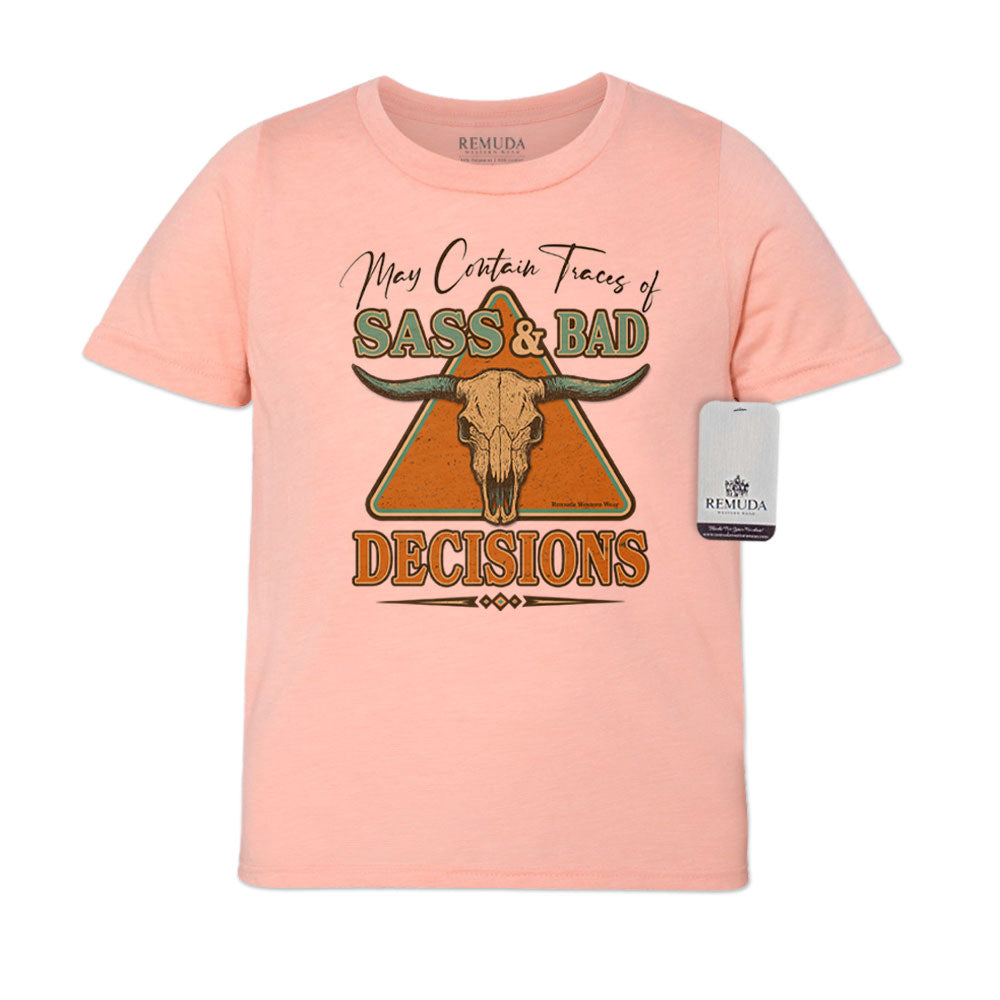 May Contain Traces of Sass & Bad Decisions Youth Western Tee T-Shirt Peach