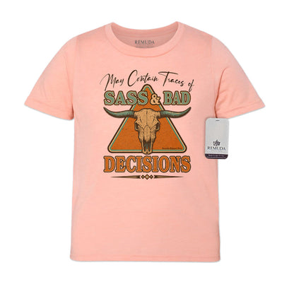 May Contain Traces of Sass & Bad Decisions Youth Western Tee T-Shirt Peach