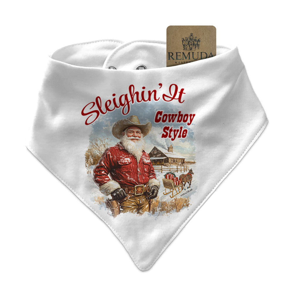 Sleighin It Cowboy Style - Infant Toddler Western Santa Christmas Bandana Bib