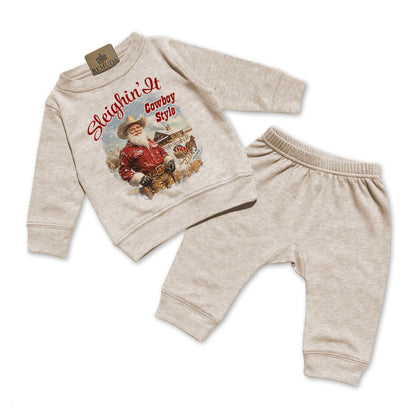 Sleighin It Cowboy Style - Infant Western Santa 2 Piece Sweatsuit