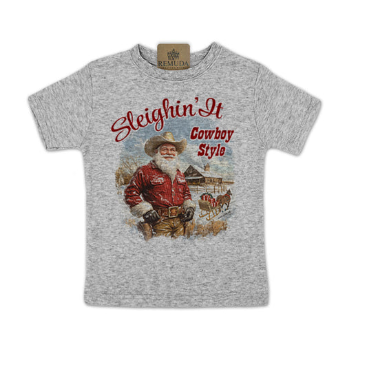 Sleighin It Cowboy Style Christmas Santa Toddler Western Short Sleeve Tee in the color Heather Grey