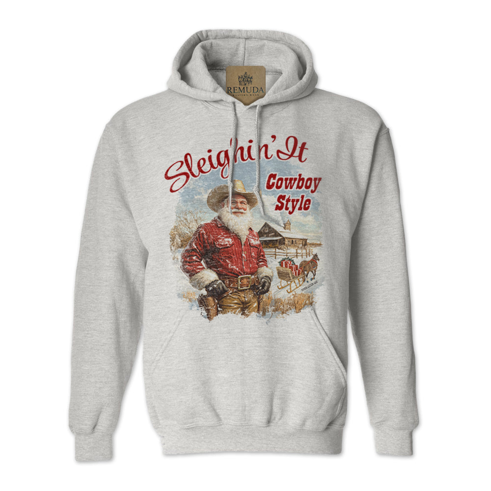 Sleighin It Cowboy Style - Adult Unisex Western Santa Christmas Pullover Hoodie