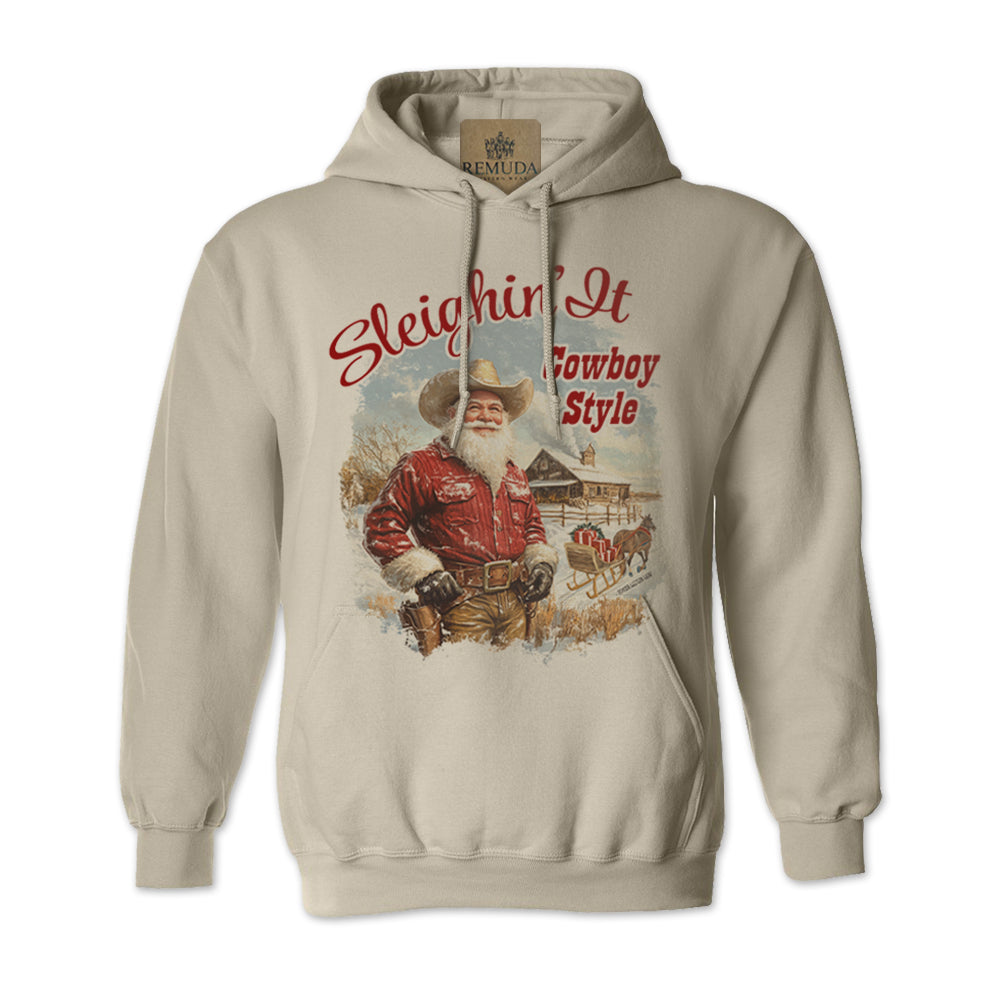 Sleighin It Cowboy Style - Adult Unisex Western Santa Christmas Pullover Hoodie