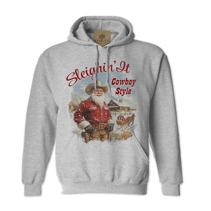 Sleighin It Cowboy Style - Adult Unisex Western Santa Christmas Pullover Hoodie