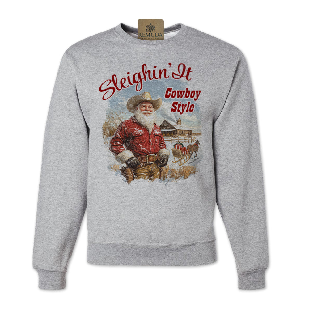 Sleighin It Cowboy Style Western Adult Unisex Western Santa Christmas Sweatshirt in heather grey color