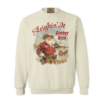 Sleighin It Cowboy Style Western Adult Unisex Western Santa Christmas Sweatshirt in sand color