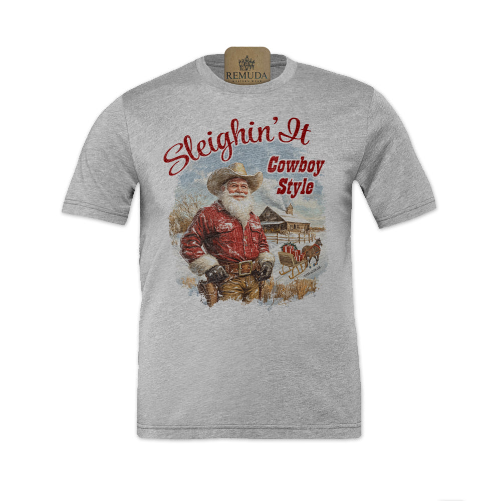 Sleighin It Cowboy Style - Adult Unisex Christmas Western Santa Tee T-Shirt in athletic heather grey color