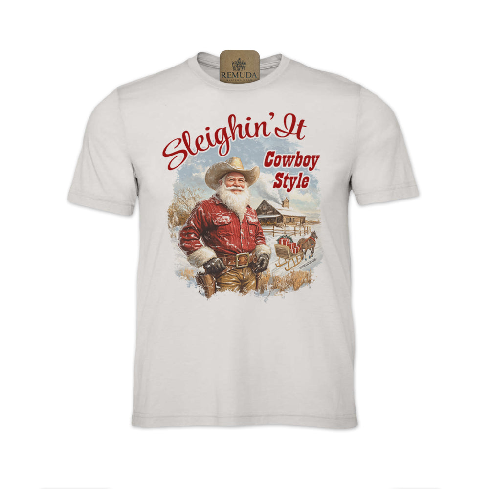 Sleighin It Cowboy Style - Adult Unisex Christmas Western Santa Tee T-Shirt in cement color