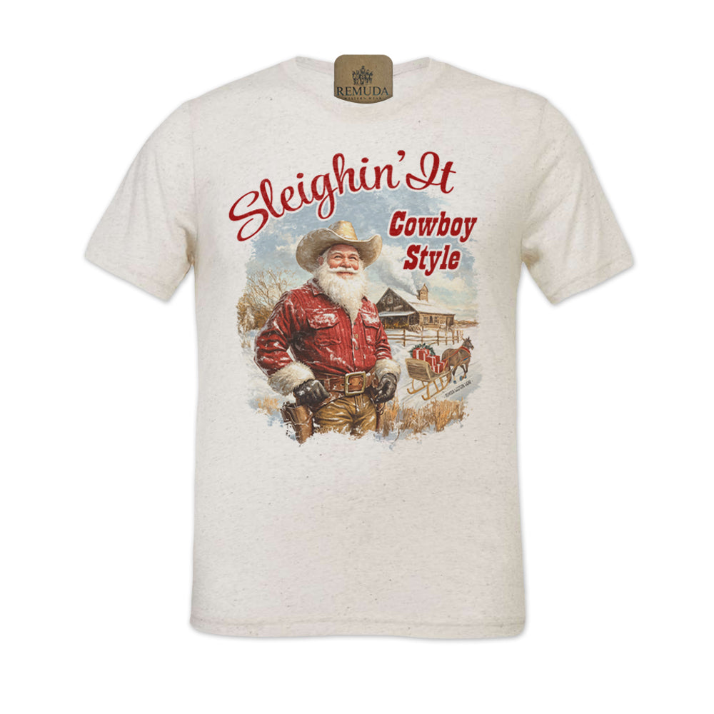 Sleighin It Cowboy Style - Adult Unisex Christmas Western Santa Tee T-Shirt in oatmeal color