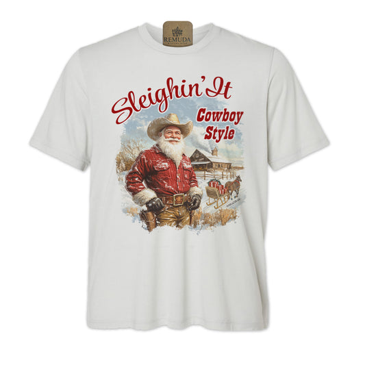 Sleighin It Cowboy Style - Adult Unisex Christmas Western Santa Tee T-Shirt in solid silver color