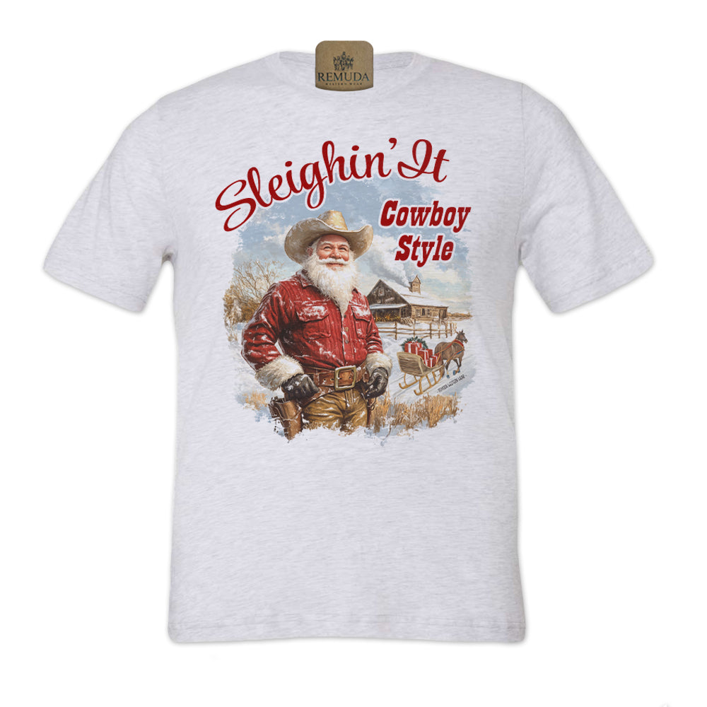 Sleighin It Cowboy Style - Adult Unisex Christmas Western Santa Tee T-Shirt in white fleck color