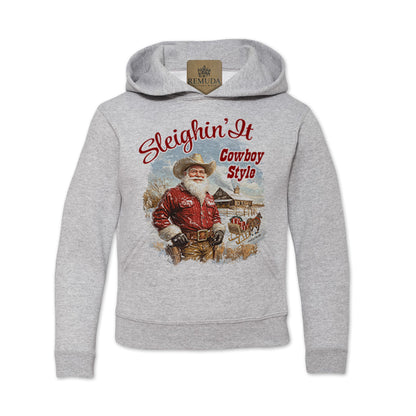 Sleighin It Cowboy Style Youth Western Santa Christmas Pullover Hoodie in ahtletic Heather Grey Color