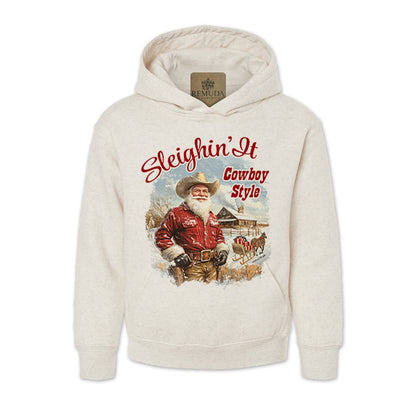 Sleighin It Cowboy Style Youth Western Santa Christmas Pullover Hoodie in Oatmeal Color