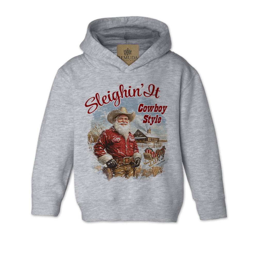 Sleighin It Cowboy Style Toddler Western Santa Hoodie in heather grey color