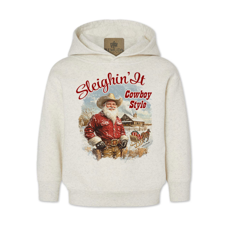 Sleighin It Cowboy Style Toddler Western Santa Hoodie in oatmeal color