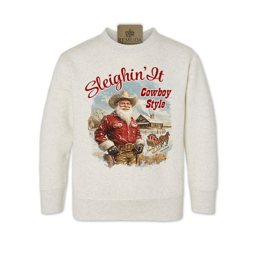 Sleighin It Cowboy Style Toddler Western Santa Sweatshirt in oatmeal color