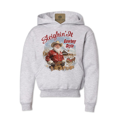 Sleighin It Cowboy Style Youth Western Santa Christmas Pullover Hoodie in Ash Grey Color