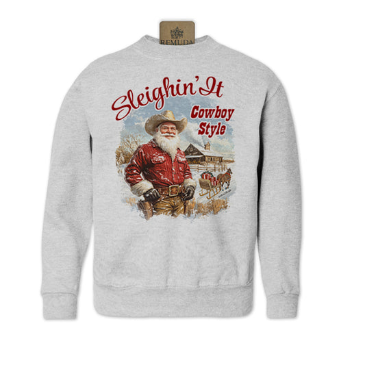 Sleighin It Cowboy Style Western Santa Youth Christmas Sweatshirt in ash grey color