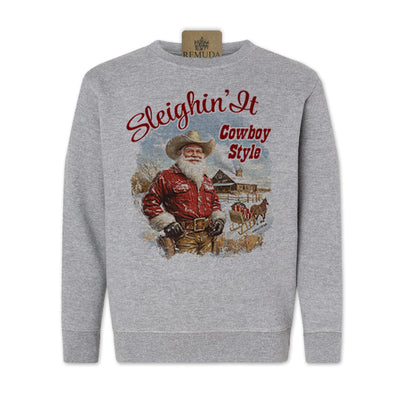 Sleighin It Cowboy Style Western Santa Youth Christmas Sweatshirt in heather grey color