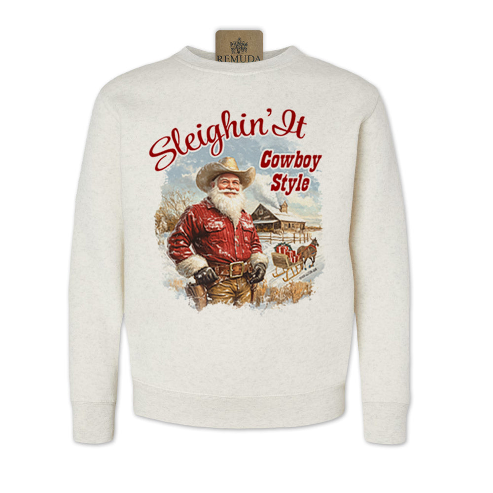 Sleighin It Cowboy Style Western Santa Youth Christmas Sweatshirt in oatmeal color