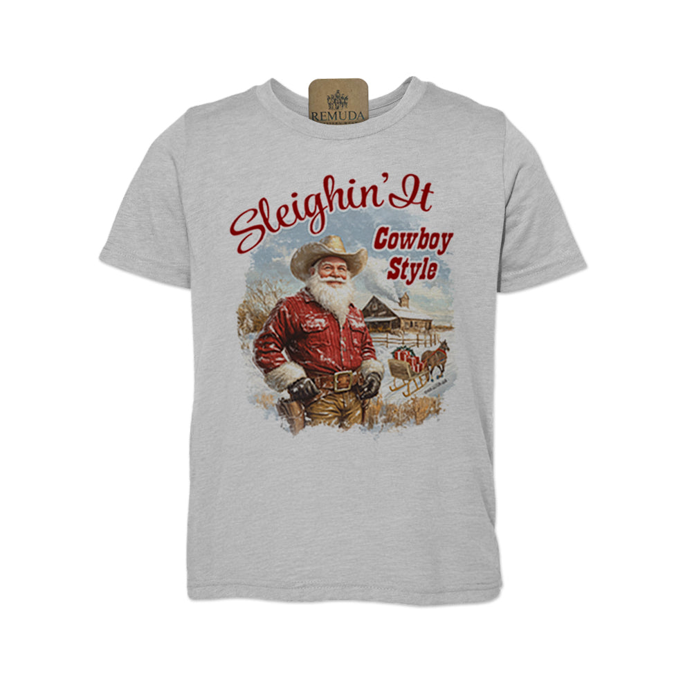 Sleighin It Cowboy Style Youth Western Santa Tee in athletic heather grey color