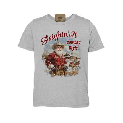 Sleighin It Cowboy Style Youth Western Santa Tee in athletic heather grey color