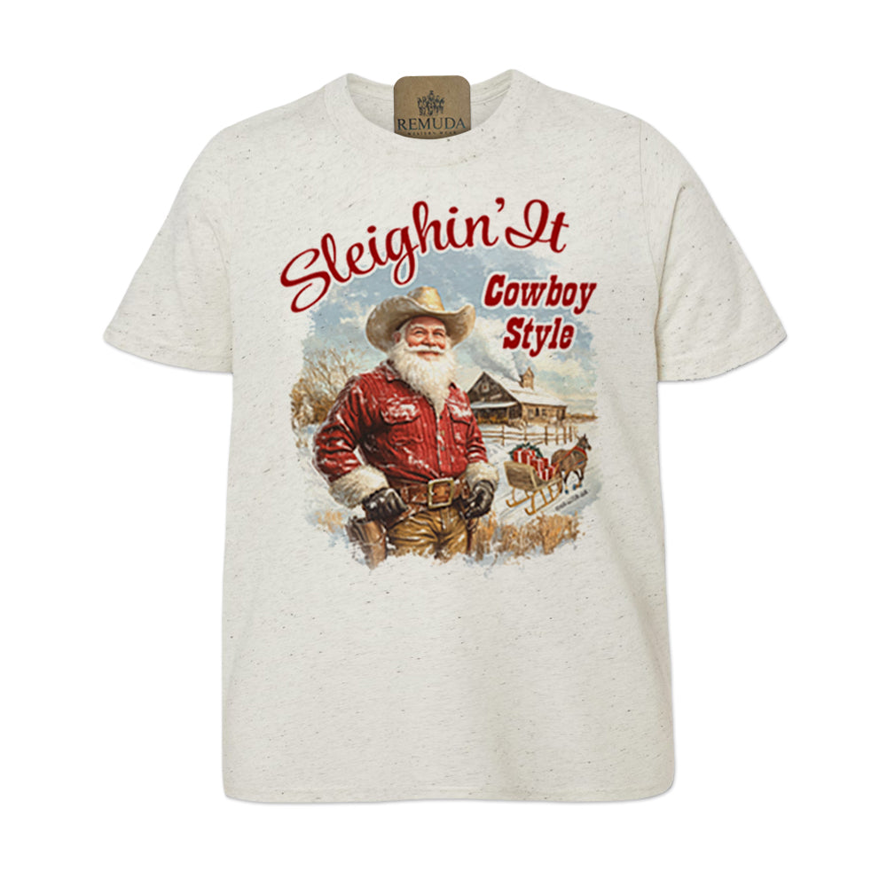 Sleighin It Cowboy Style Youth Western Santa Tee in oatmeal color