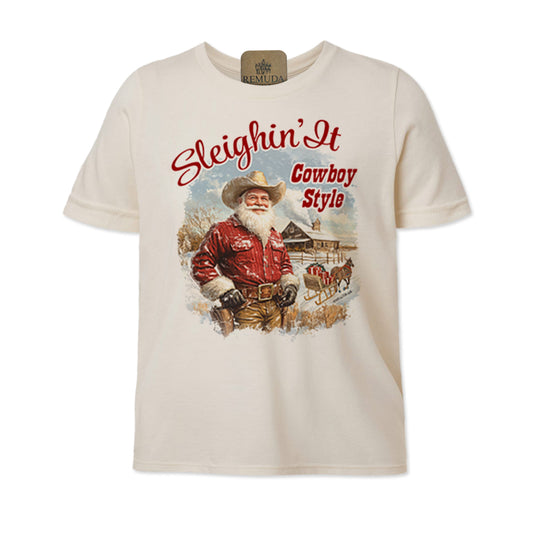 Sleighin It Cowboy Style Youth Western Santa Tee in solid natural cream color