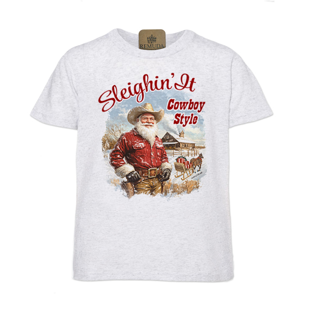 Sleighin It Cowboy Style Youth Western Santa Tee in white fleck color