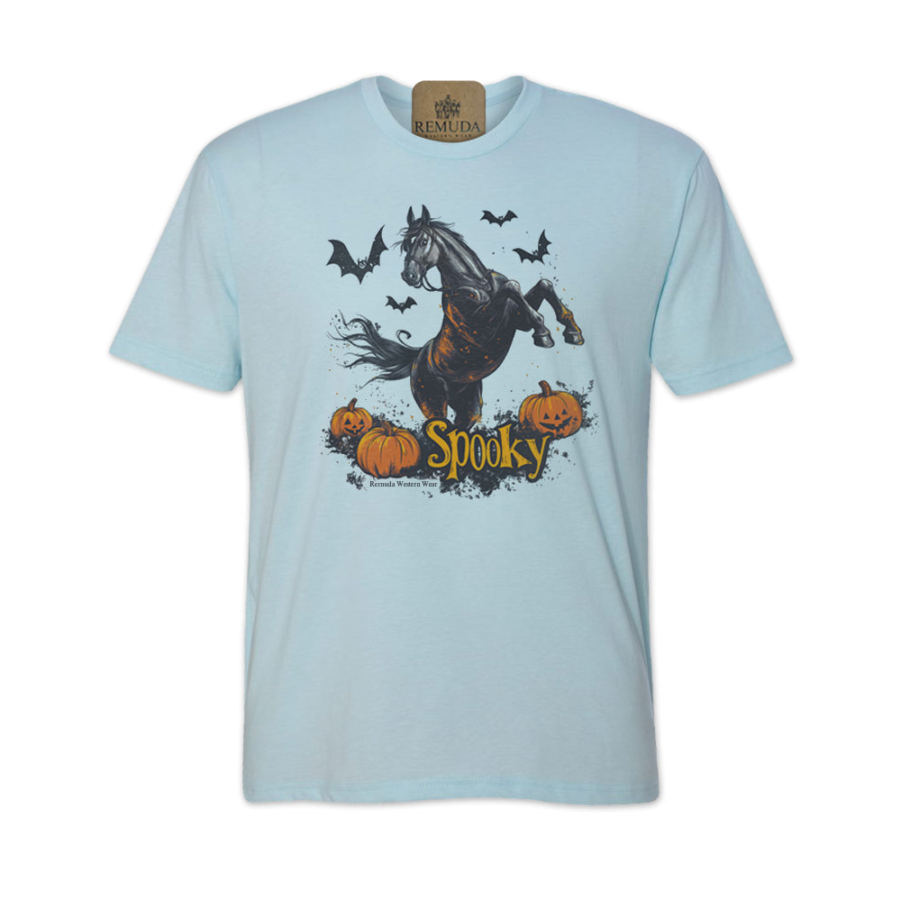 Spooky halloween horse adult tee in light blue color