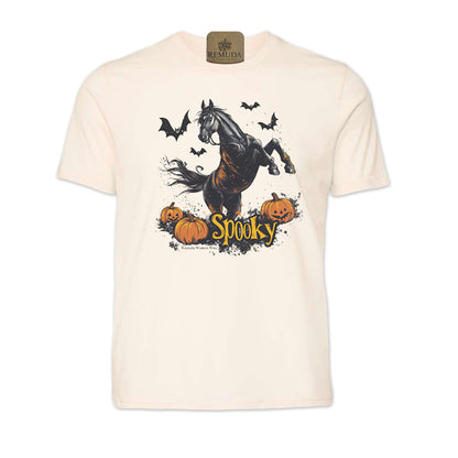 Spooky halloween horse adult tee in solid natural color