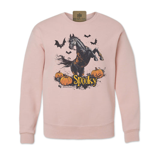 Spooky Horse Halloween western adult sweatshirt in pink blush color