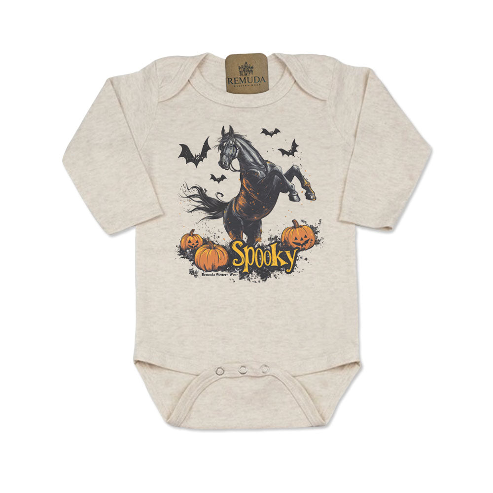 Spooky Horse Infant Western Long Sleeve One Piece Romper in Oatmeal Color