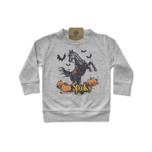 Spooky halloween horse infant pullover in heather grey color