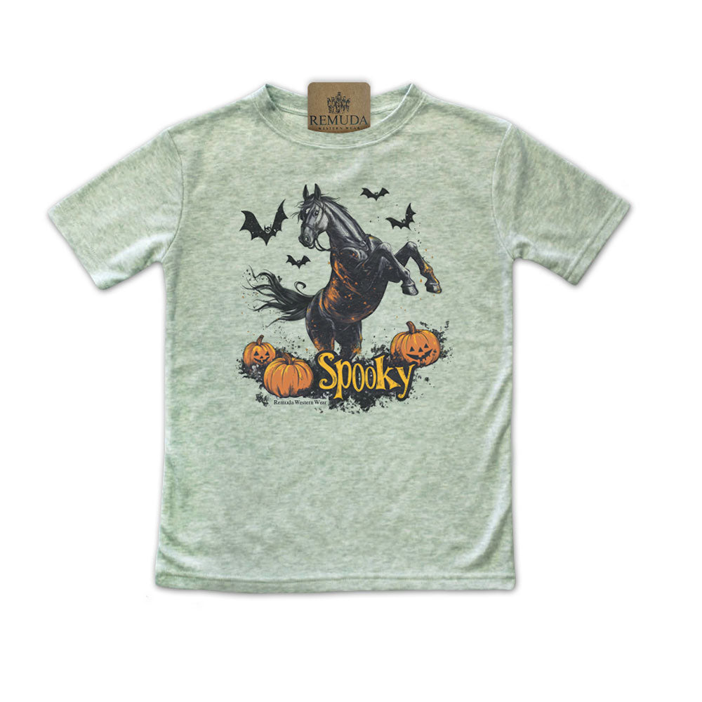 Spooky halloween horse toddler tee in sage heather green color