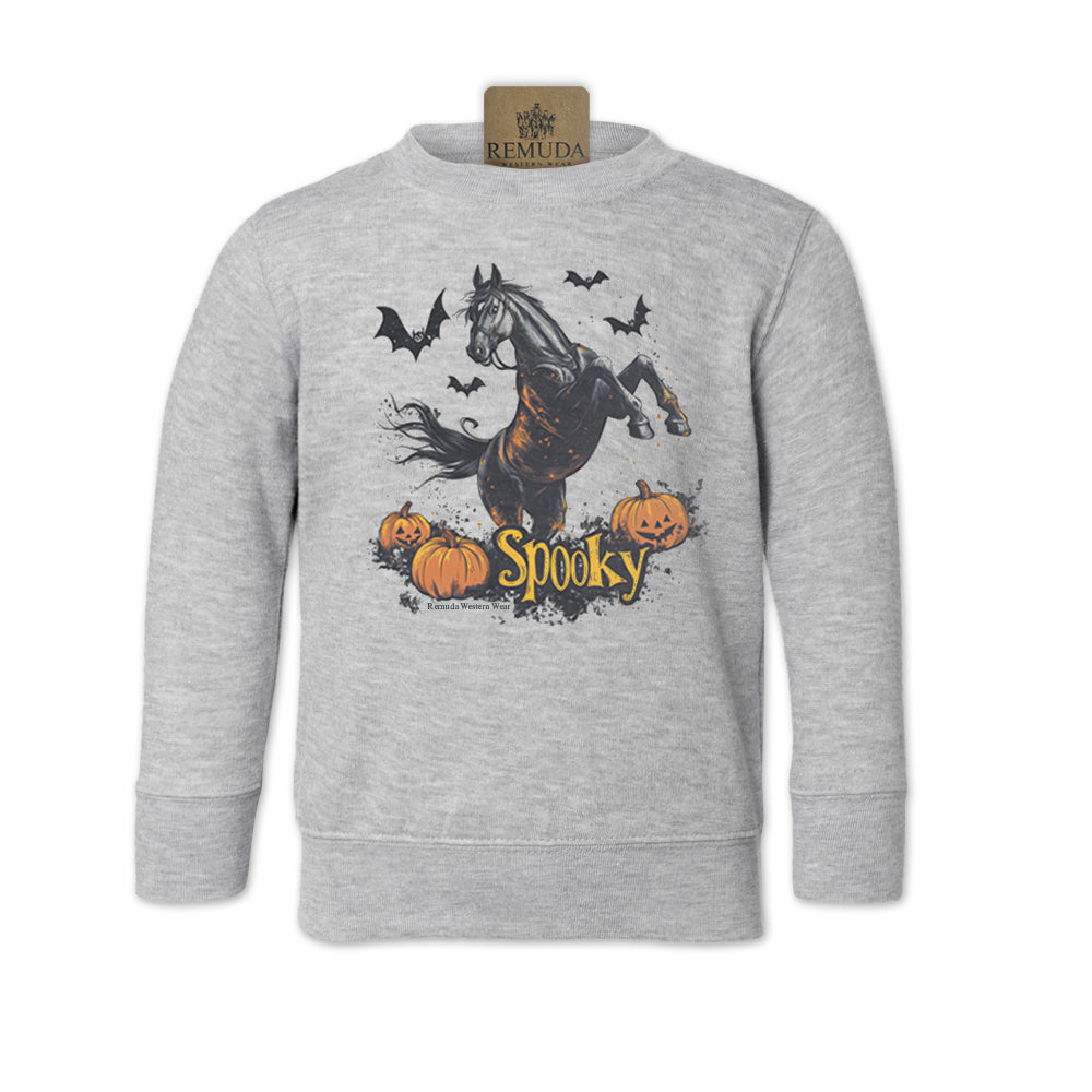 Spooky Horse Halloween western toddler sweatshirt in heather grey color