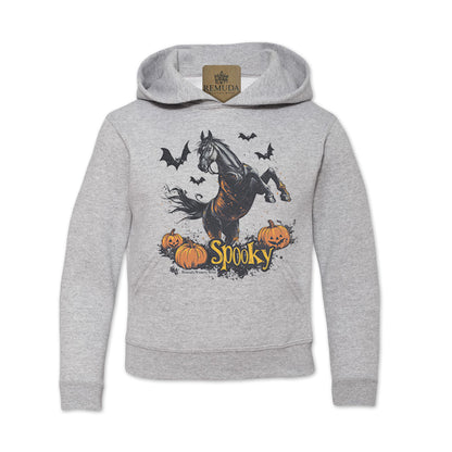 Spooky halloween horse youth western hoodie in athletic heather grey color