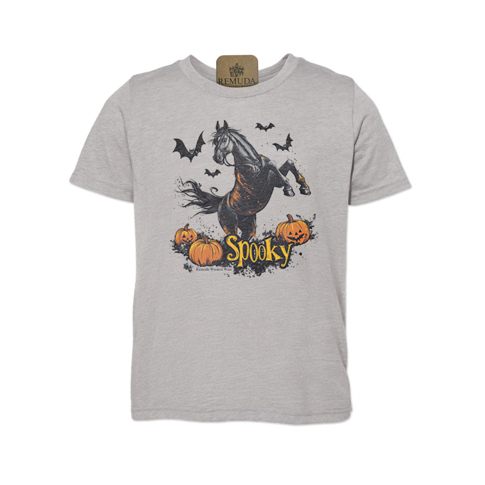 Spooky halloween horse youth tee in athletic heather grey color