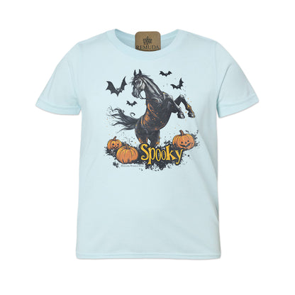 Spooky halloween horse youth tee in light blue color