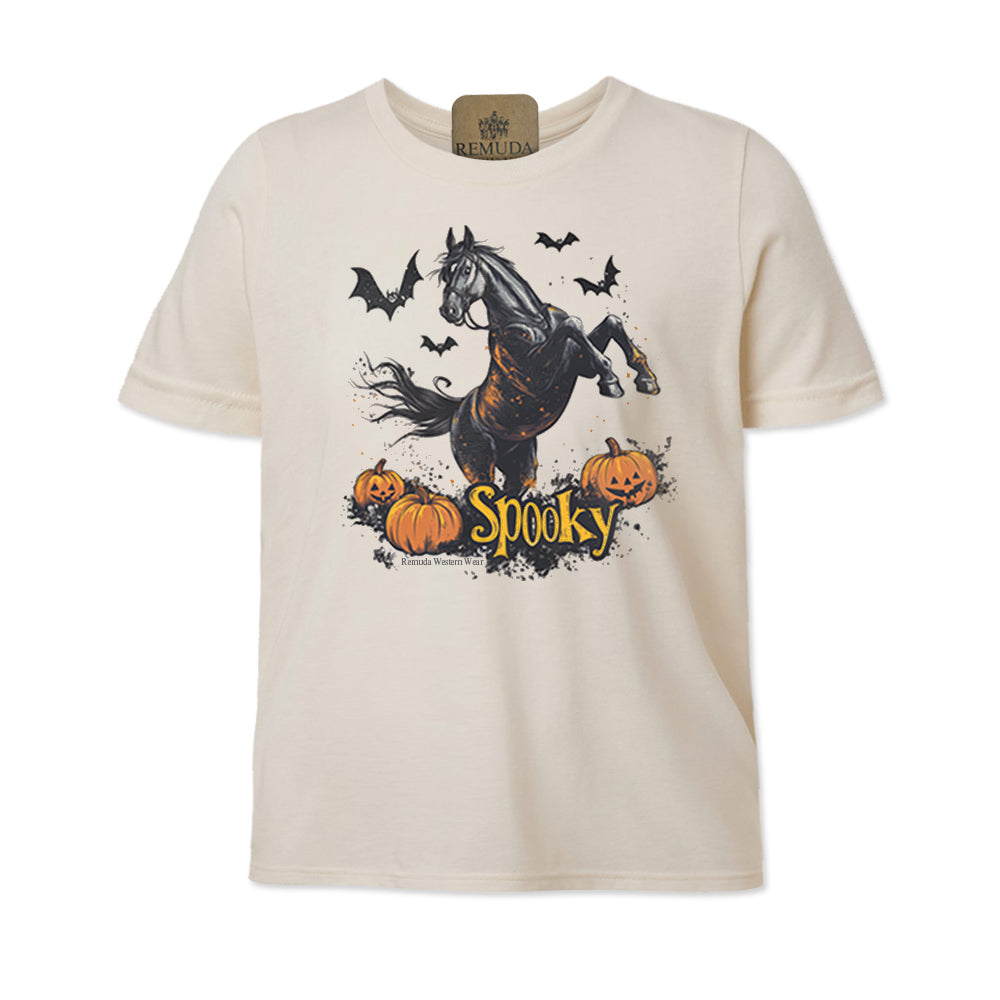 Spooky halloween horse youth tee in solid natural color