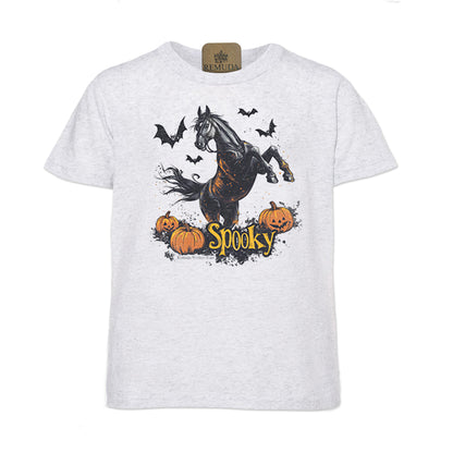 Spooky halloween horse youth tee in white fleck color